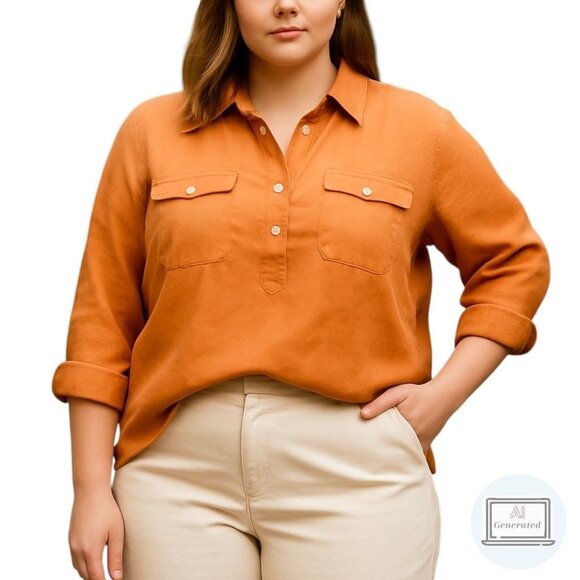 Lauren Ralph Lauren Women Linen Popover Top Orange Roll Tab Sleeves Plus Size 1X - Picture 1 of 13